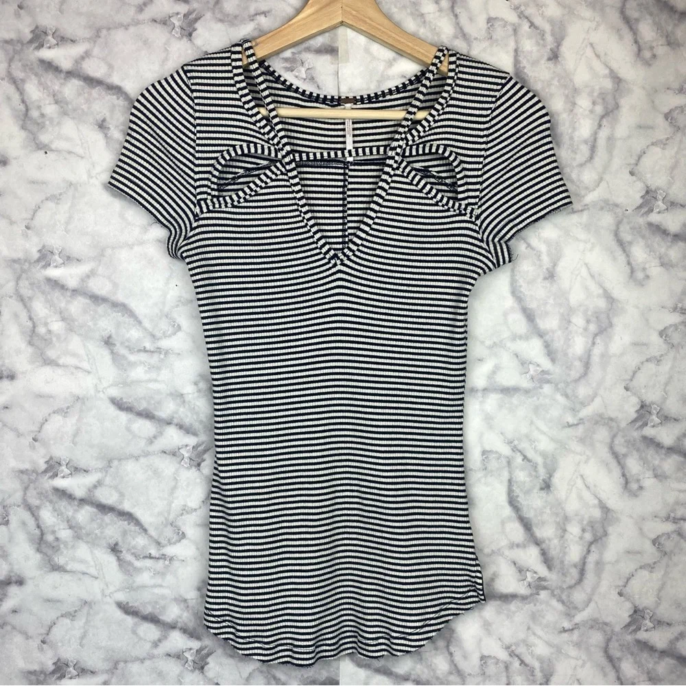 Free People Black and White Fitted Cut Out Tee